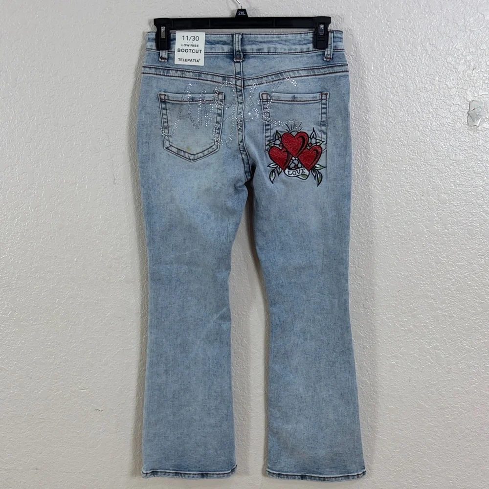 Telepatia Heart Embroidered Light Blue Bootcut Jeans,Size 11/30 - Picture 5 of 17